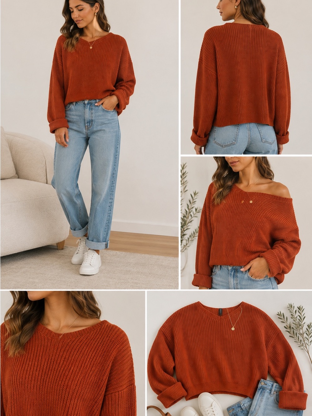 Everyday Off-Shoulder Ribbed Sweater - Rust